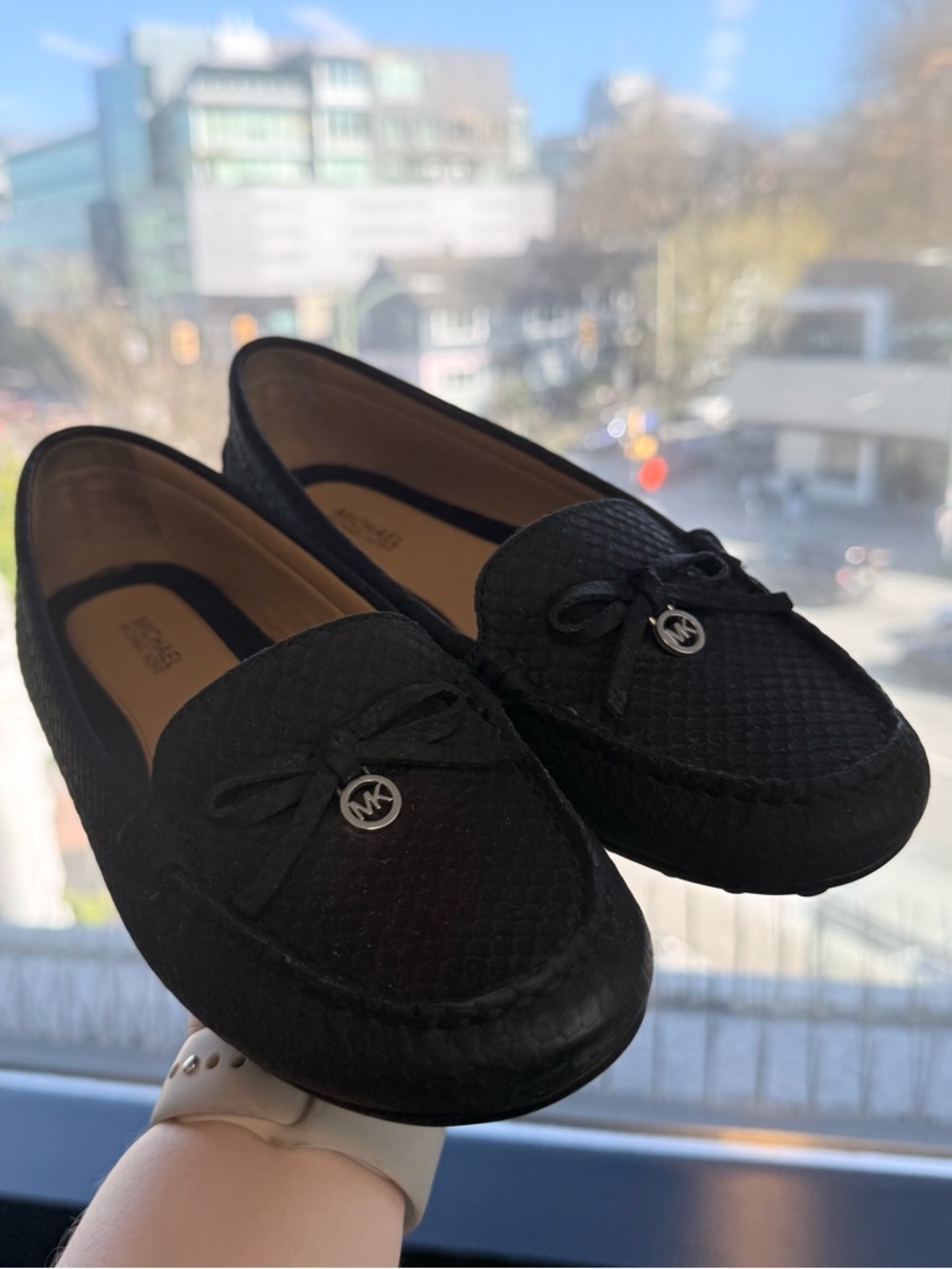 Michael Kors Black Textured Moccasin Loafers with MK Charm